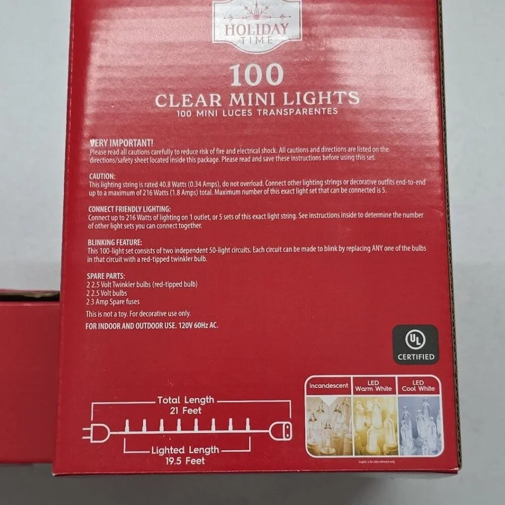 Holiday Time 100 Clear Mini Lights In/Outdoor 21 Ft Green Cord Wedding Party NIB
